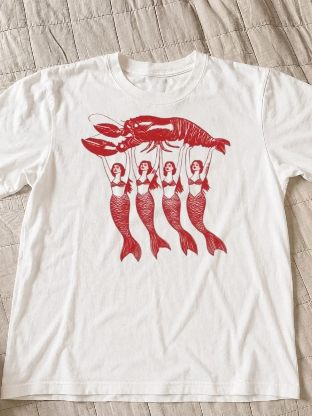 Unisex Tee Shirt |  White Tee with Red Mermaid & Lobster Graphic